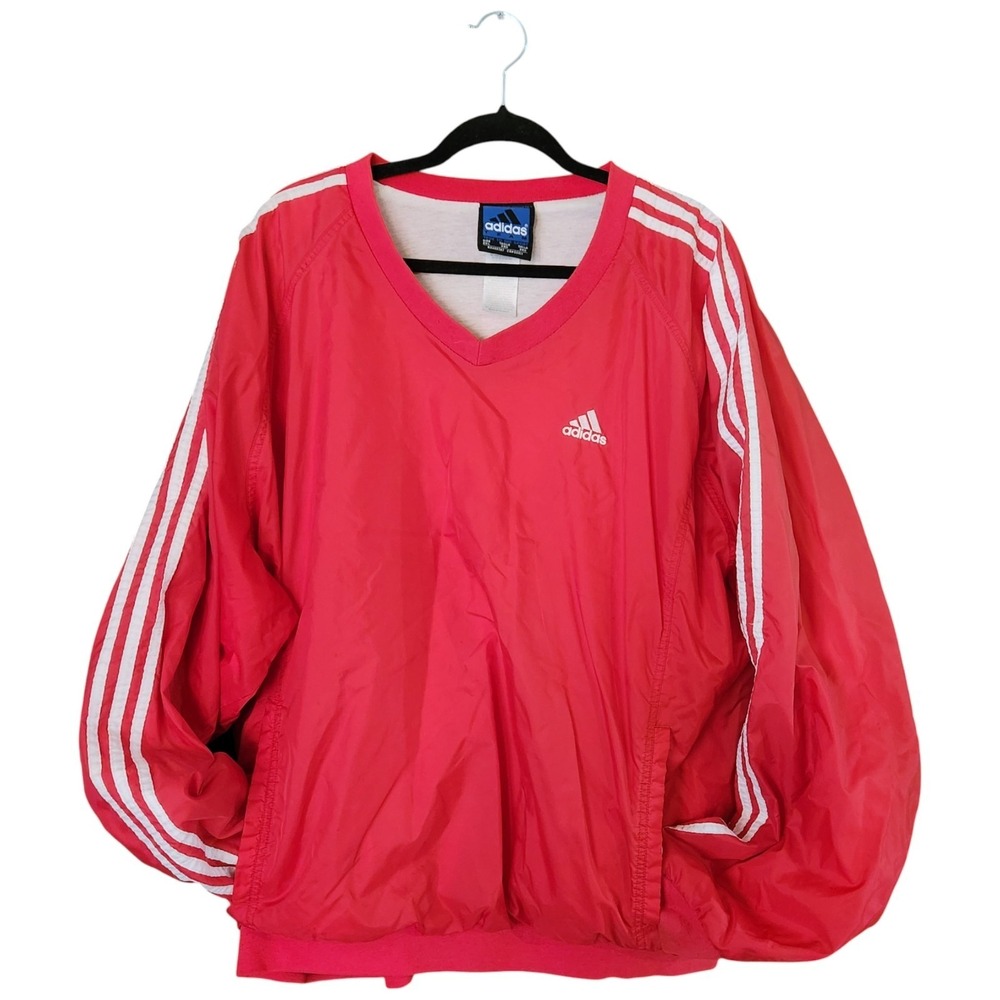 Vtg 90s Y2K Adidas Team V-Neck Pullover Lined Jacket Men's 2XL XXL Red 3 Striped